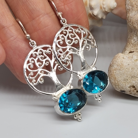 Natural Blue Quartz Topaz Stones Silver Earrings - Picture 5 of 8